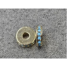 Рондель 8*2 мм отв. 2,4 мм колір золото з блакитними стразами (гіпоалергений сплав)