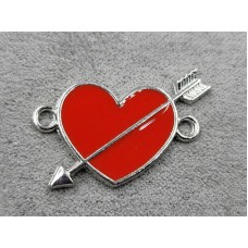 Конектор серце 16*25 мм червона емаль в металі стального кольору