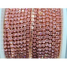 Стразовая цепь ss6 (2 мм) светло розовая в металле розовое золото 10 ярдов R-29 (light rose)